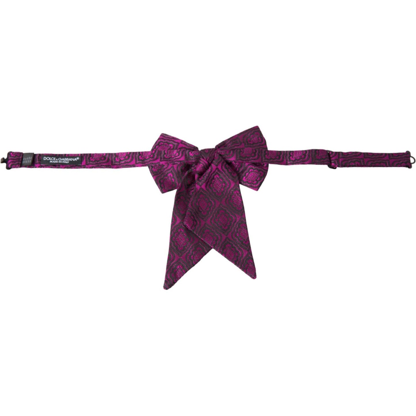 Dolce & Gabbana purple silk bow tie with ribbon design, adjustable neck strap, logo detail, made in Italy, 12cm x 15.5cm.