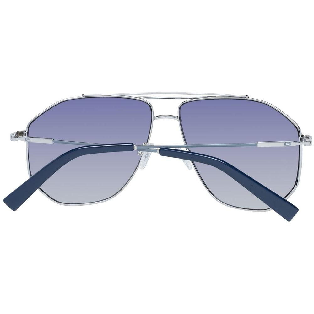 Guess silver men's aviator sunglasses with blue gradient lenses, full-rim metal frame, providing 100% UVA & UVB protection.