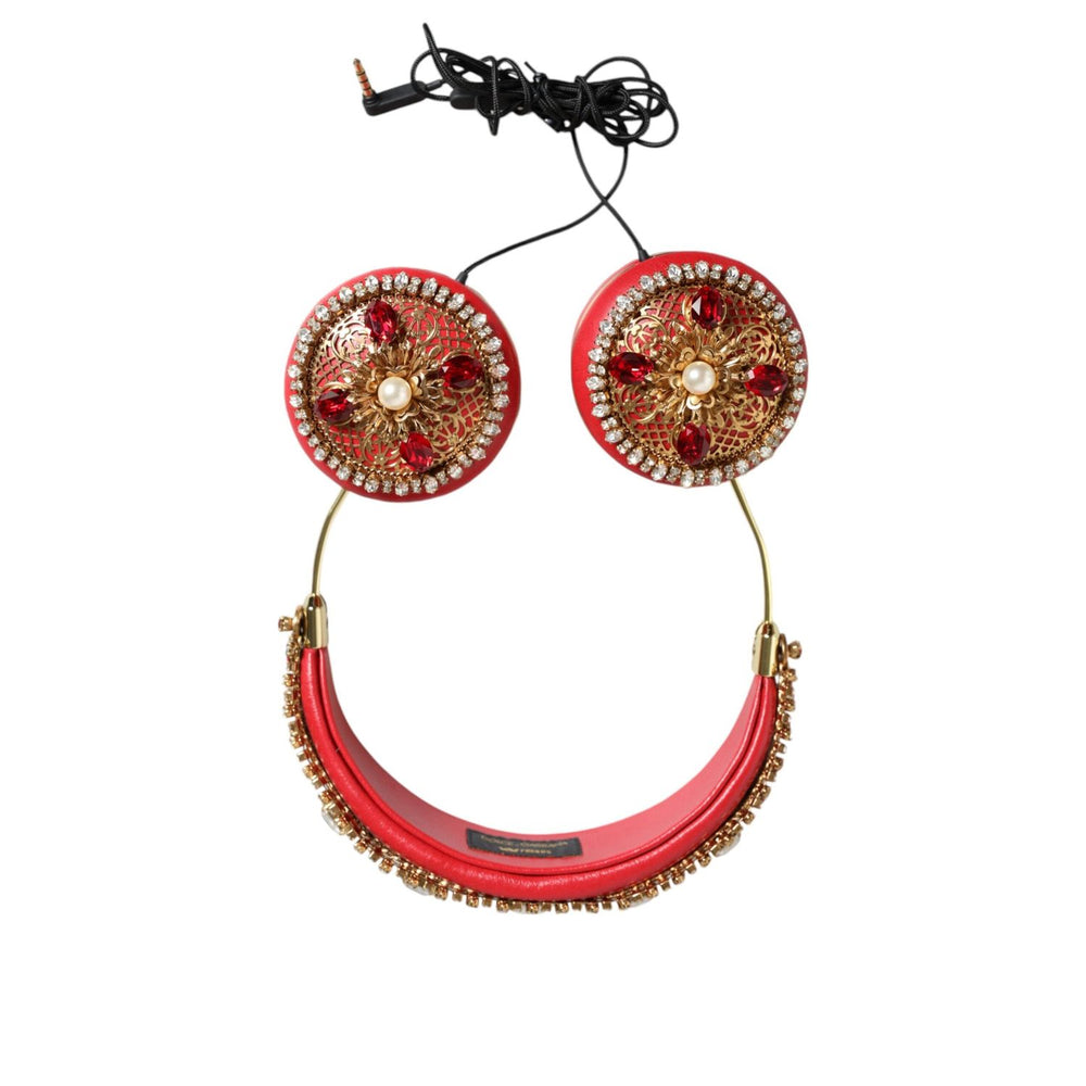 Dolce & Gabbana Red Nappa Leather Floral Crystal Headphone SMY10425