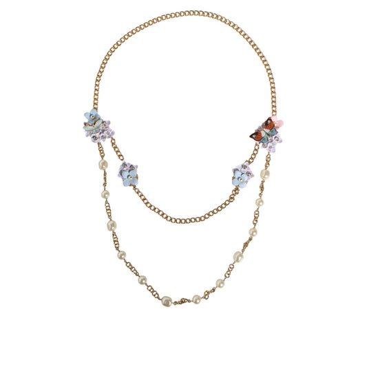 Dolce & Gabbana Gold Chain Brass Floral Layered Crystal Pearl Necklace Necklace
