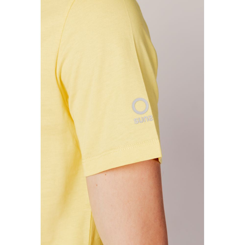 Close-up of Suns yellow cotton t-shirt sleeve, part of the men's spring/summer collection, showcasing logo detail. 100% cotton.