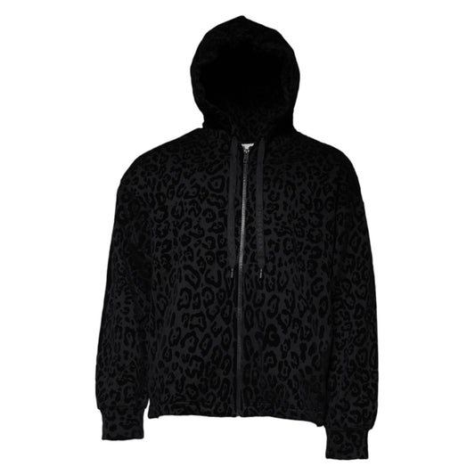Dolce & Gabbana Black Leopard Cotton Hooded Full Zip Sweater