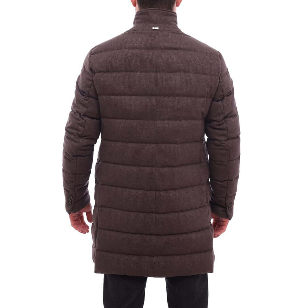 Back view of Herno brown wool quilted down jacket with goose down padding, featuring zip and button fastening and front pockets.