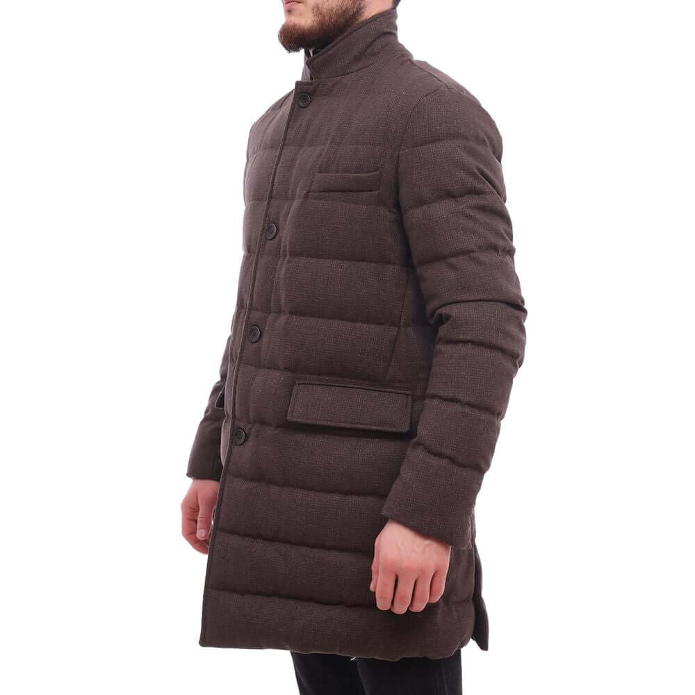Men's Herno brown quilted wool blend down jacket with zip and button fastening, front and chest pockets, side view.