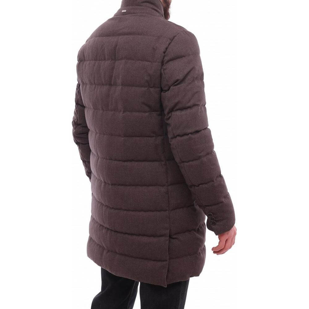 Back view of Herno quilted brown wool jacket with goose down padding, featuring zip and button fastening, shown on a person.