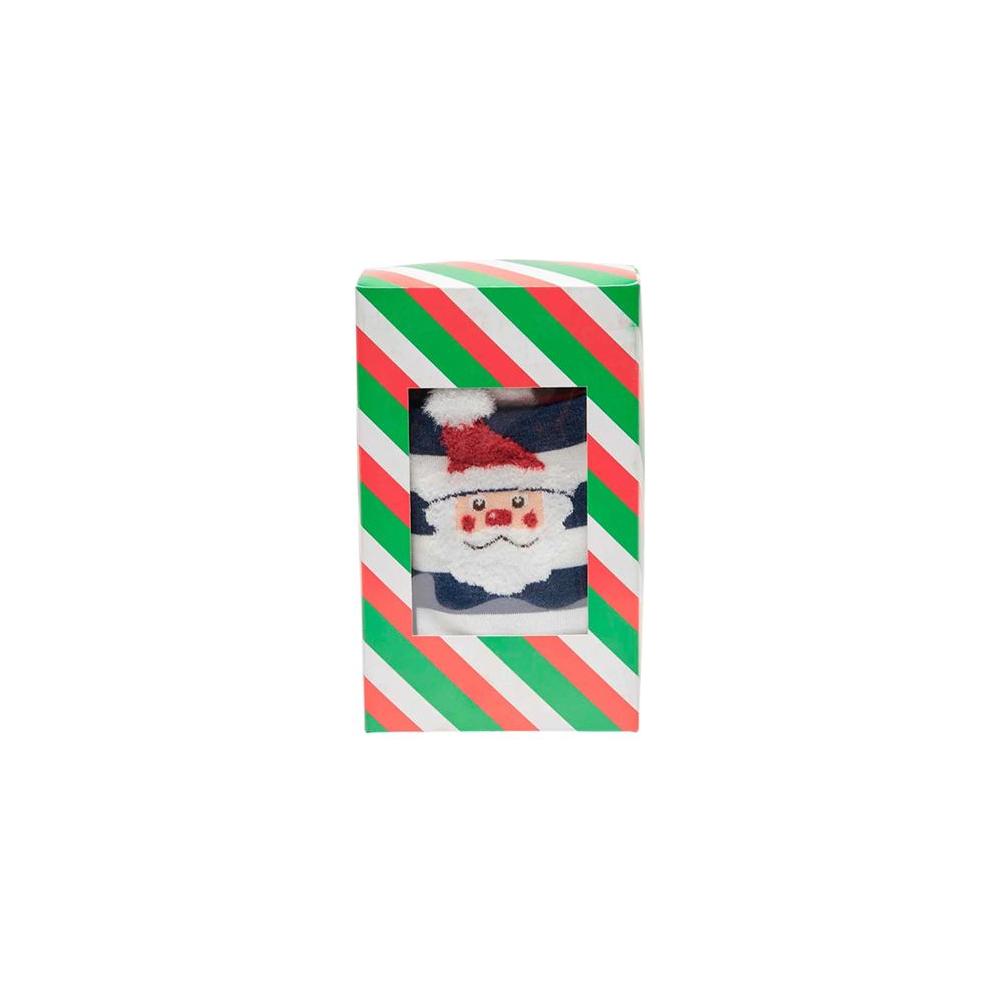 Festive box of women's fall/winter socks featuring a Santa design, made of 65% cotton, 32% polyester, and 3% elastane/lycra.