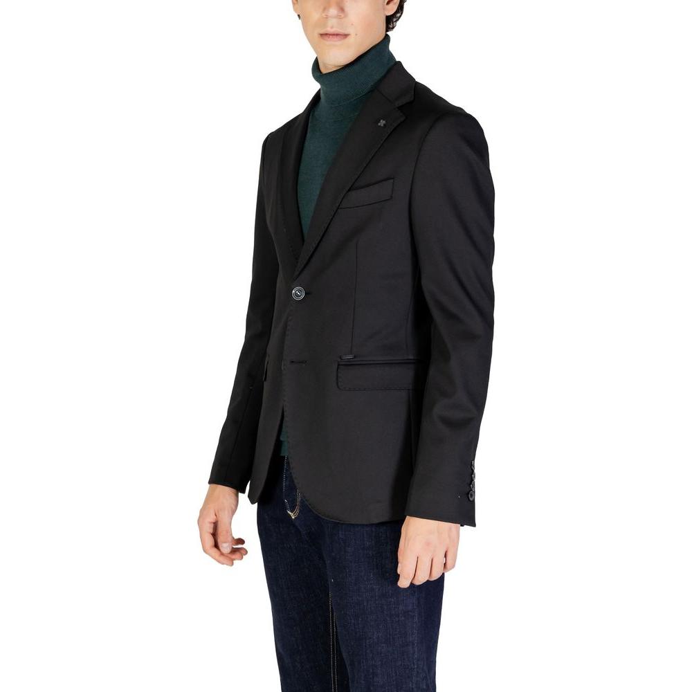 Men's fall/winter Gianni Lupo black polyester blazer with green turtleneck, slim fit, front view