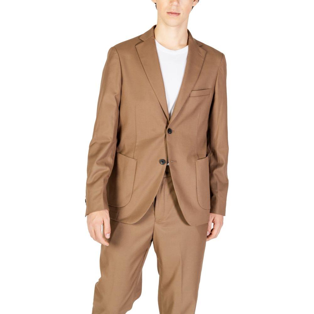 Men's Hamaki-Ho beige polyester blazer, fall/winter collection, classic fit for stylish occasions.