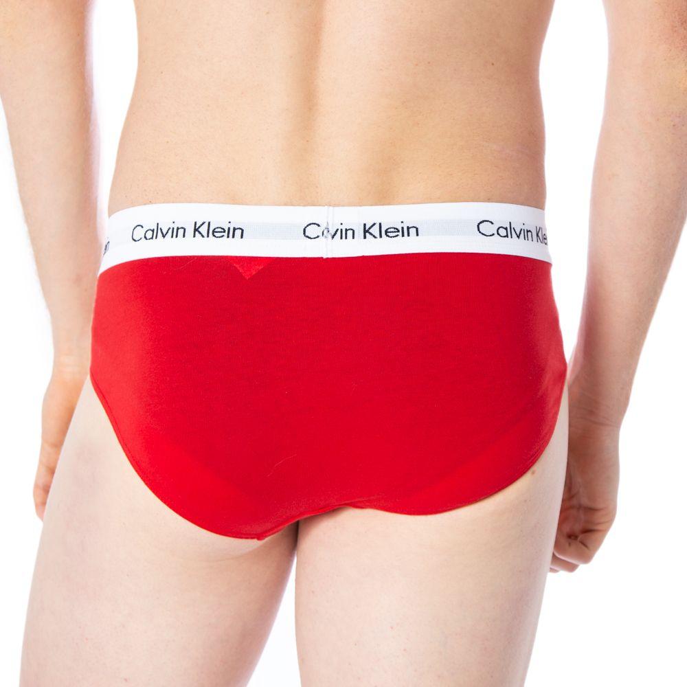 Back view of Calvin Klein red cotton men's briefs with logo waistband.