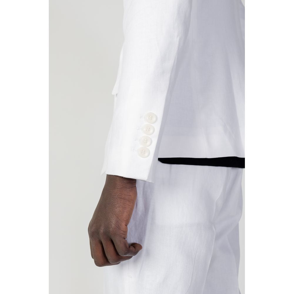 Side view of Antony Morato men's white linen suit jacket, featuring four white buttons, ideal for spring/summer. 52% linen, 48% viscose.