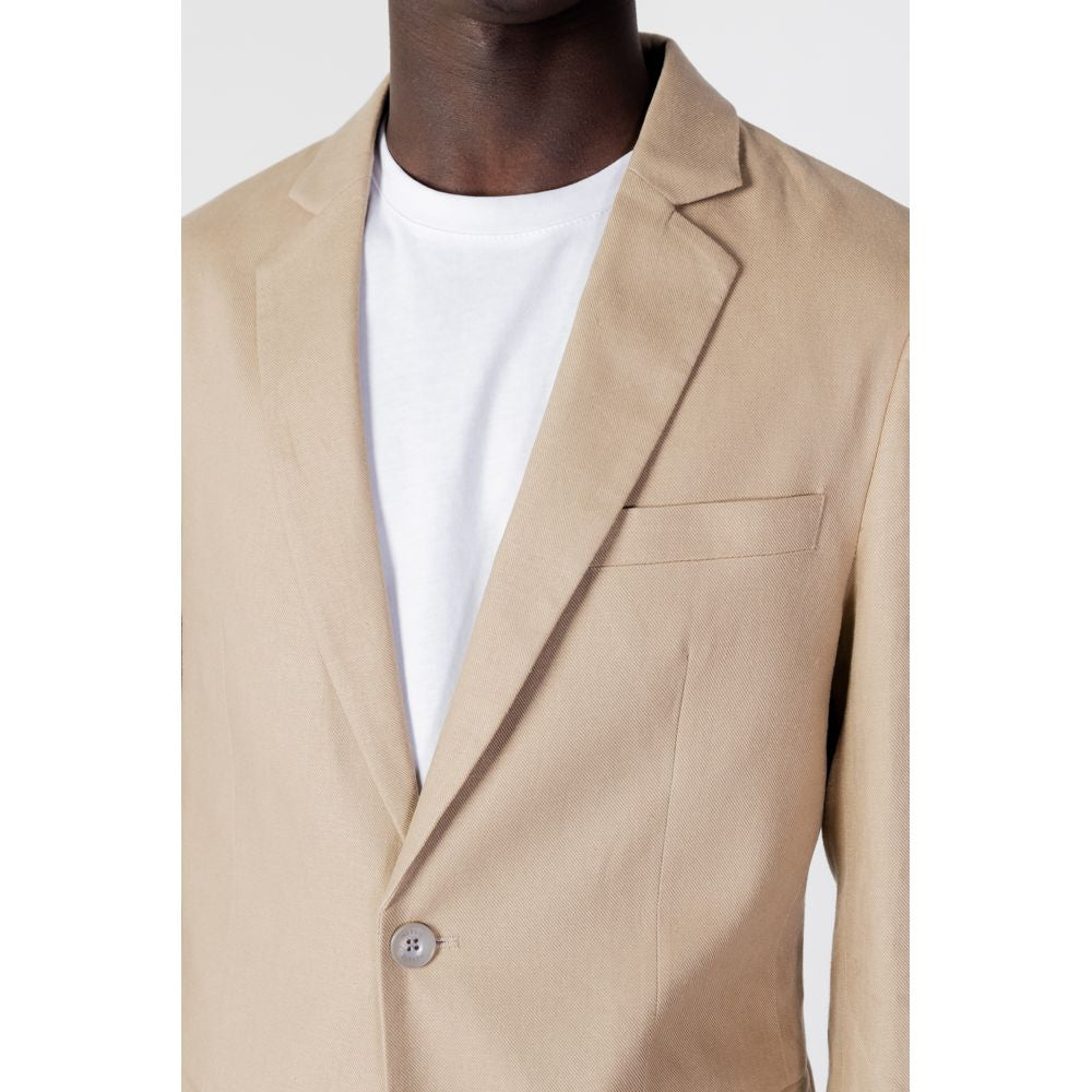 Antony Morato beige linen suit jacket for men, spring/summer collection, composed of 52% linen and 48% viscose, elegant design.