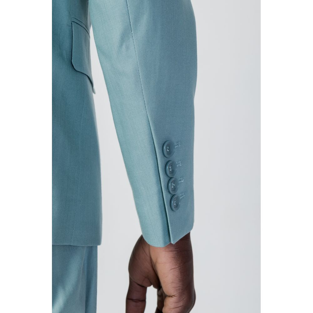 Close-up of Antony Morato green Tencel suit sleeve showcasing detailed buttons and elegant fabric finish
