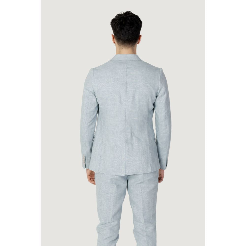 Back view of Antony Morato green linen suit for men, spring/summer collection, made of 53% flax and 47% cotton.