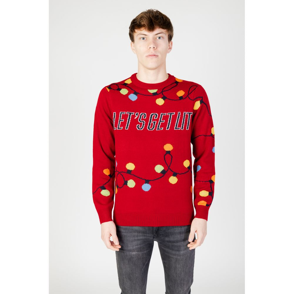 Man wearing Only & Sons red acrylic sweater with 'Let's Get Lit' text, autumn/winter collection, 100% acrylic.