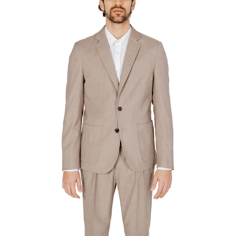 Antony Morato beige polyester suit for men, spring/summer collection; features jacket with 83% polyester, 15% viscose, 2% elastane.