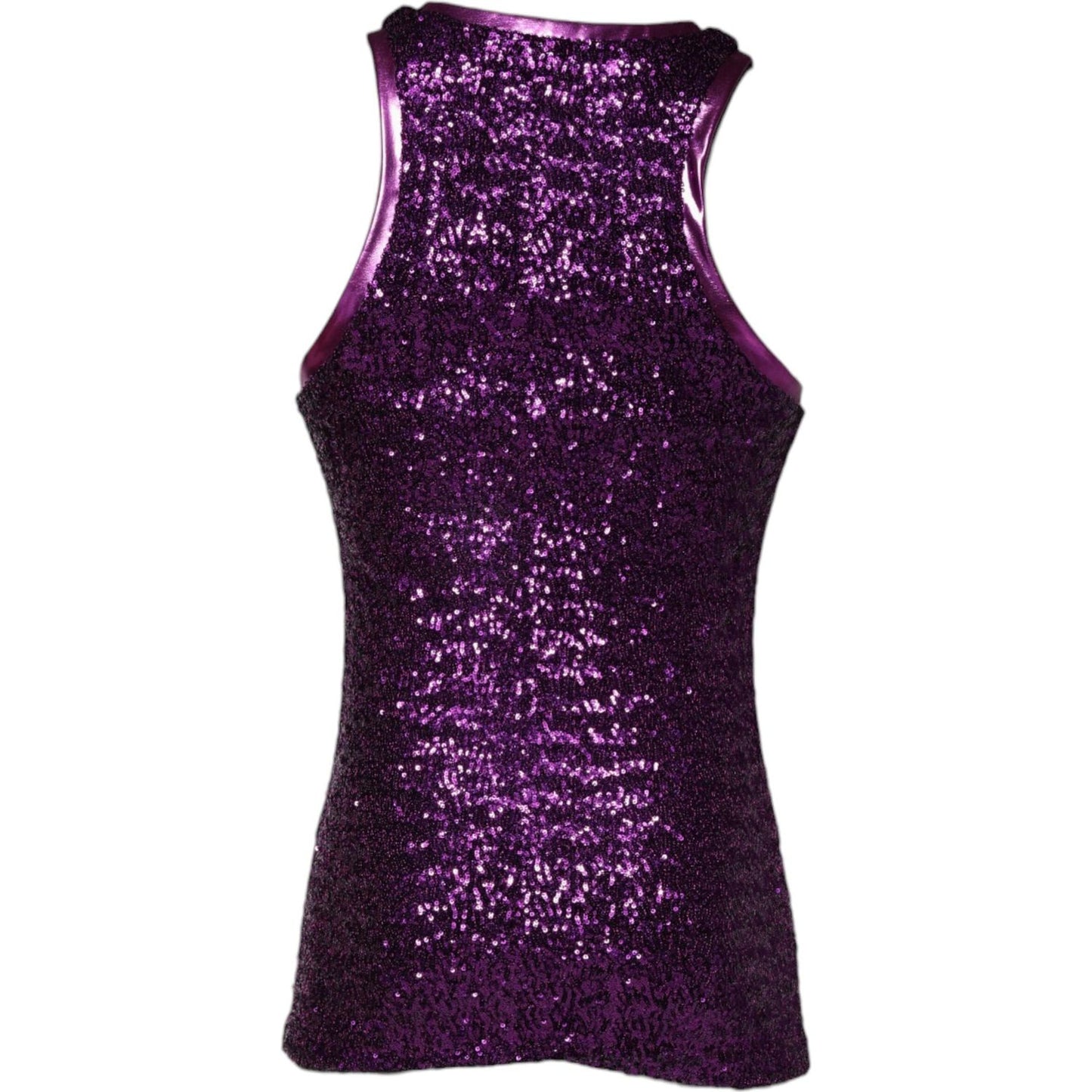 Dolce & Gabbana purple sequin sleeveless top with round neck, nylon blend, silk lining, rear view, made in Italy.