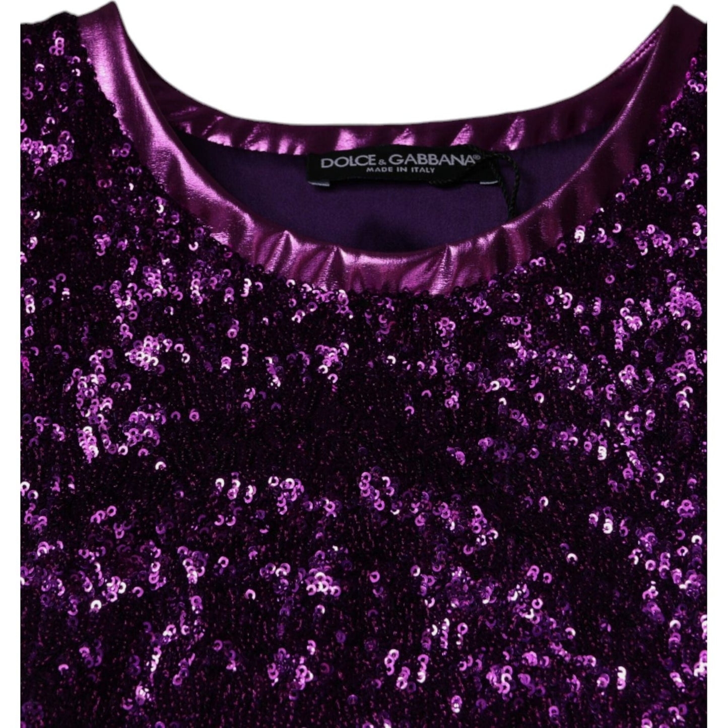Dolce & Gabbana purple sequin sleeveless t-shirt with round neck, featuring luxury design and logo details, made in Italy.