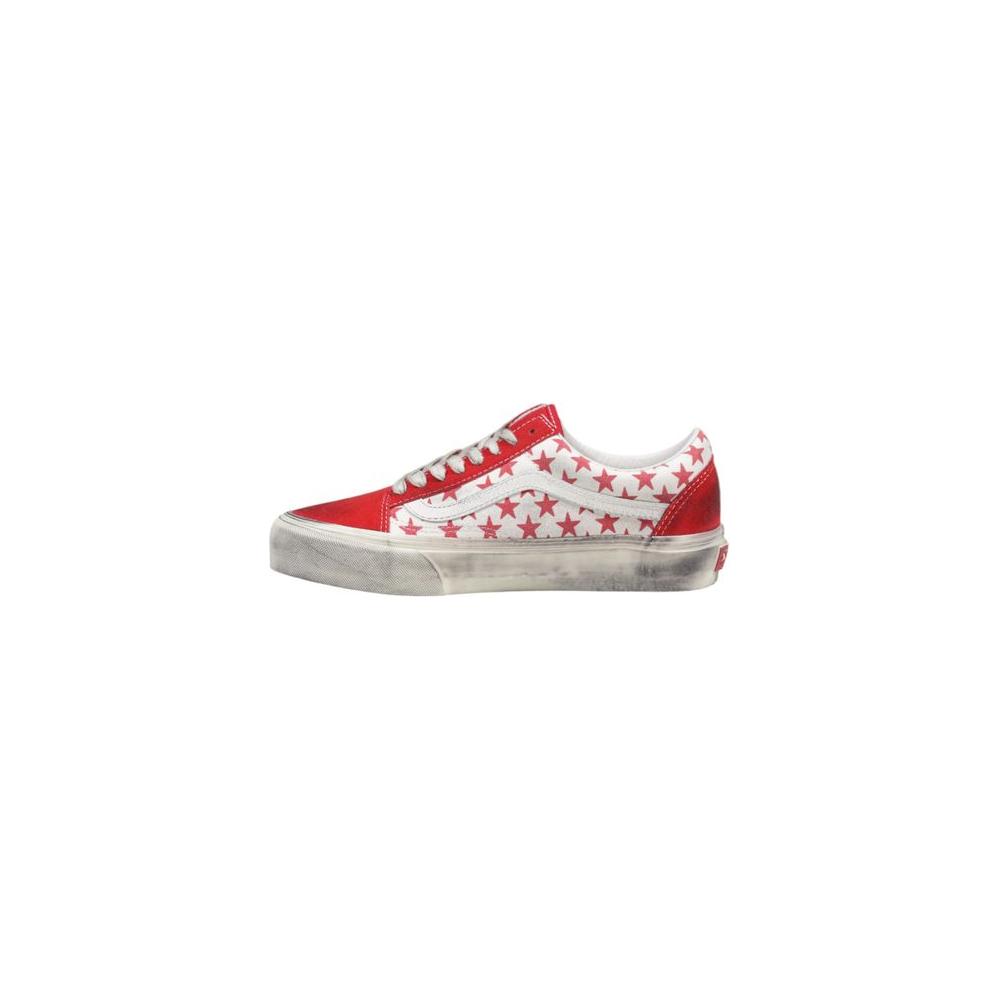 Vans red suede leather sneaker with star pattern, featuring iconic Vans side stripe and durable rubber sole for urban style.