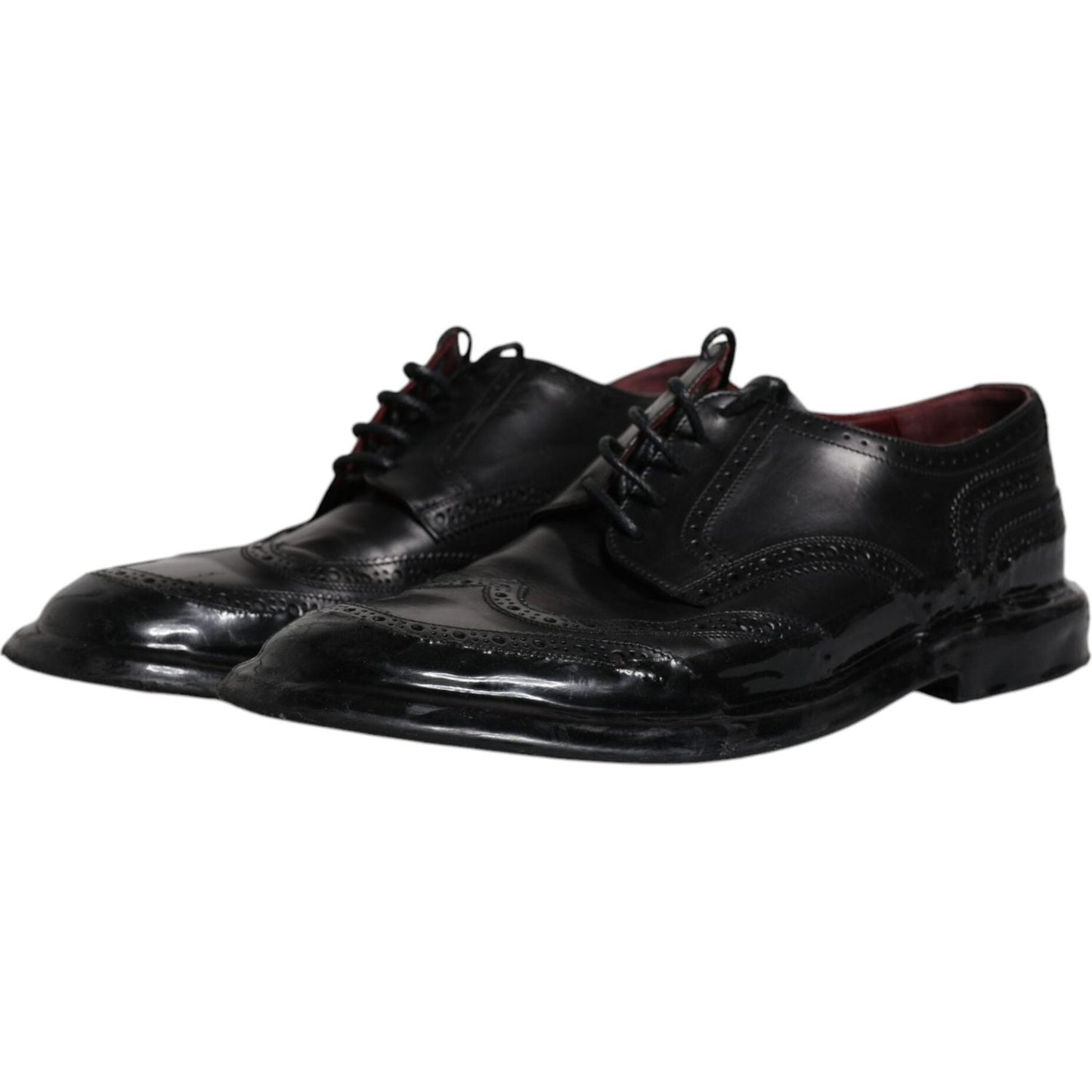 Dolce & Gabbana black leather derby wingtip shoes, men's formal wear, calfskin leather, lace-up with logo details, made in Italy