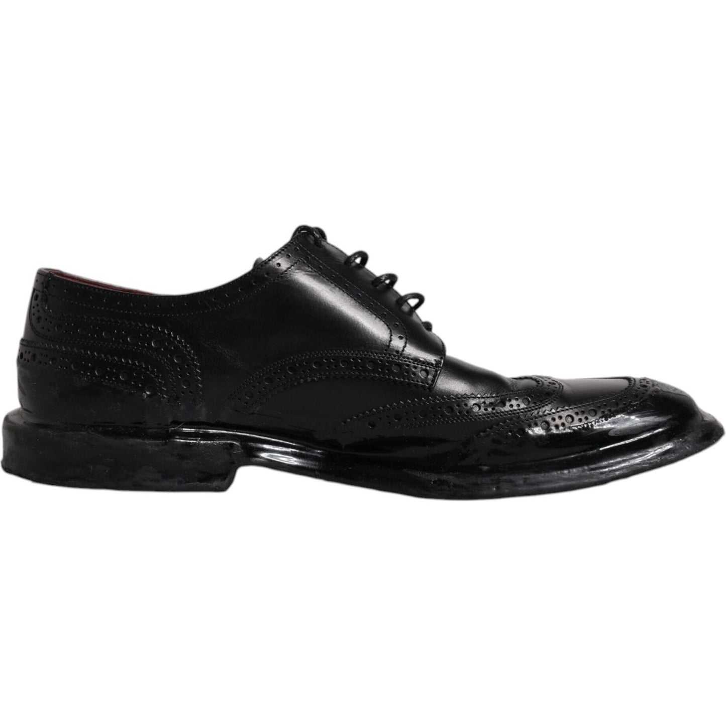 Dolce & Gabbana black leather derby wingtip formal shoes for men, made in Italy with lace-up closure and logo details.