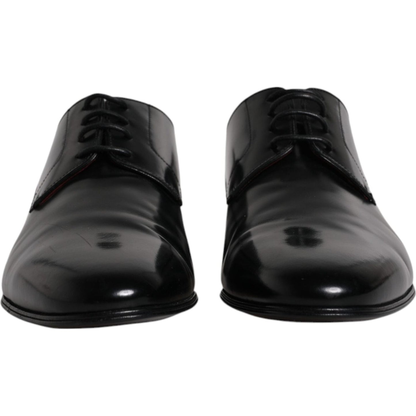 Dolce & Gabbana black leather lace-up men's derby formal shoes, front view, sleek design, calf leather, Italian craftsmanship.