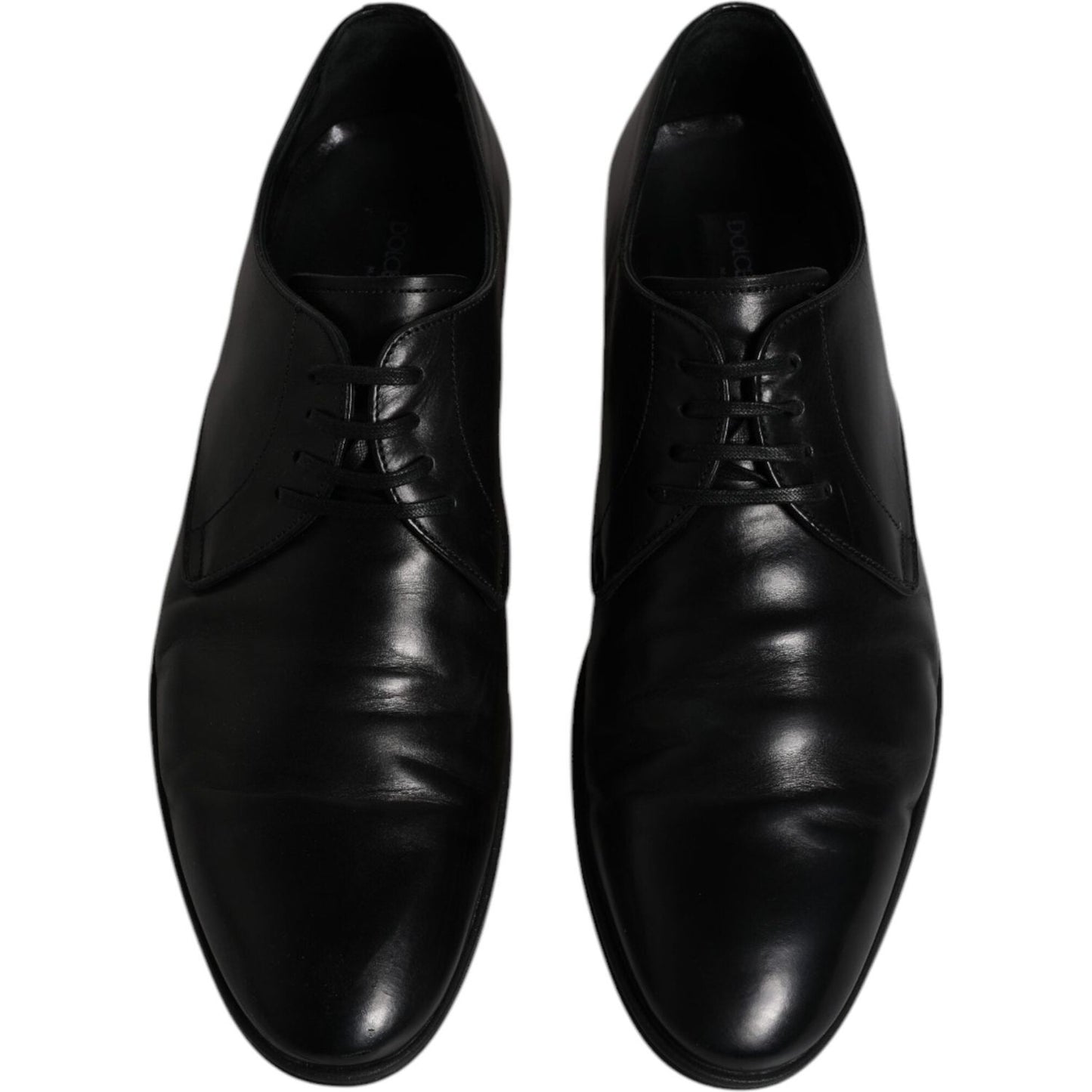 Dolce & Gabbana black leather lace-up men's derby formal shoes with authentic logo detail, crafted in Italy, slightly preowned.