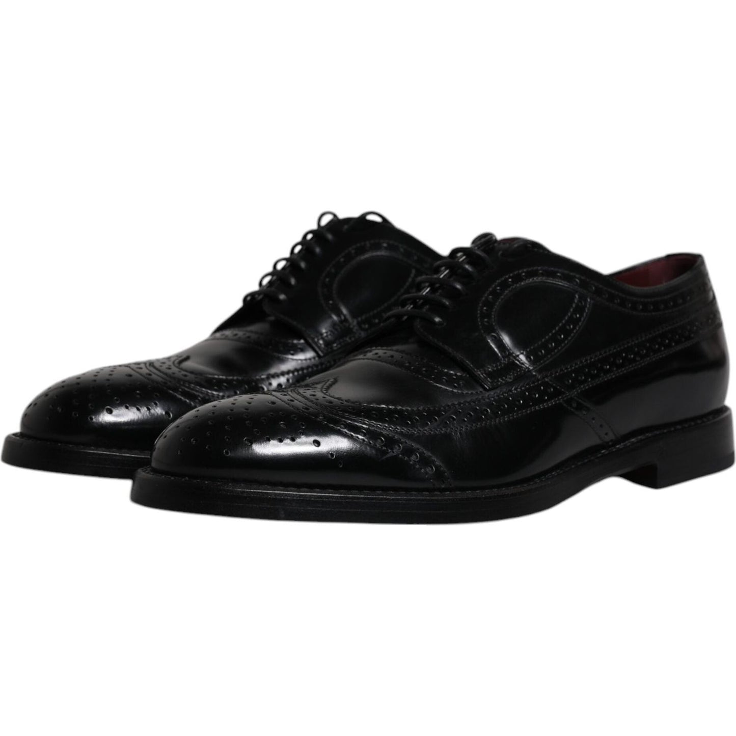 Dolce & Gabbana black leather derby wingtip formal shoes, 100% calfskin, lace-up, logo details, Italian craftsmanship.