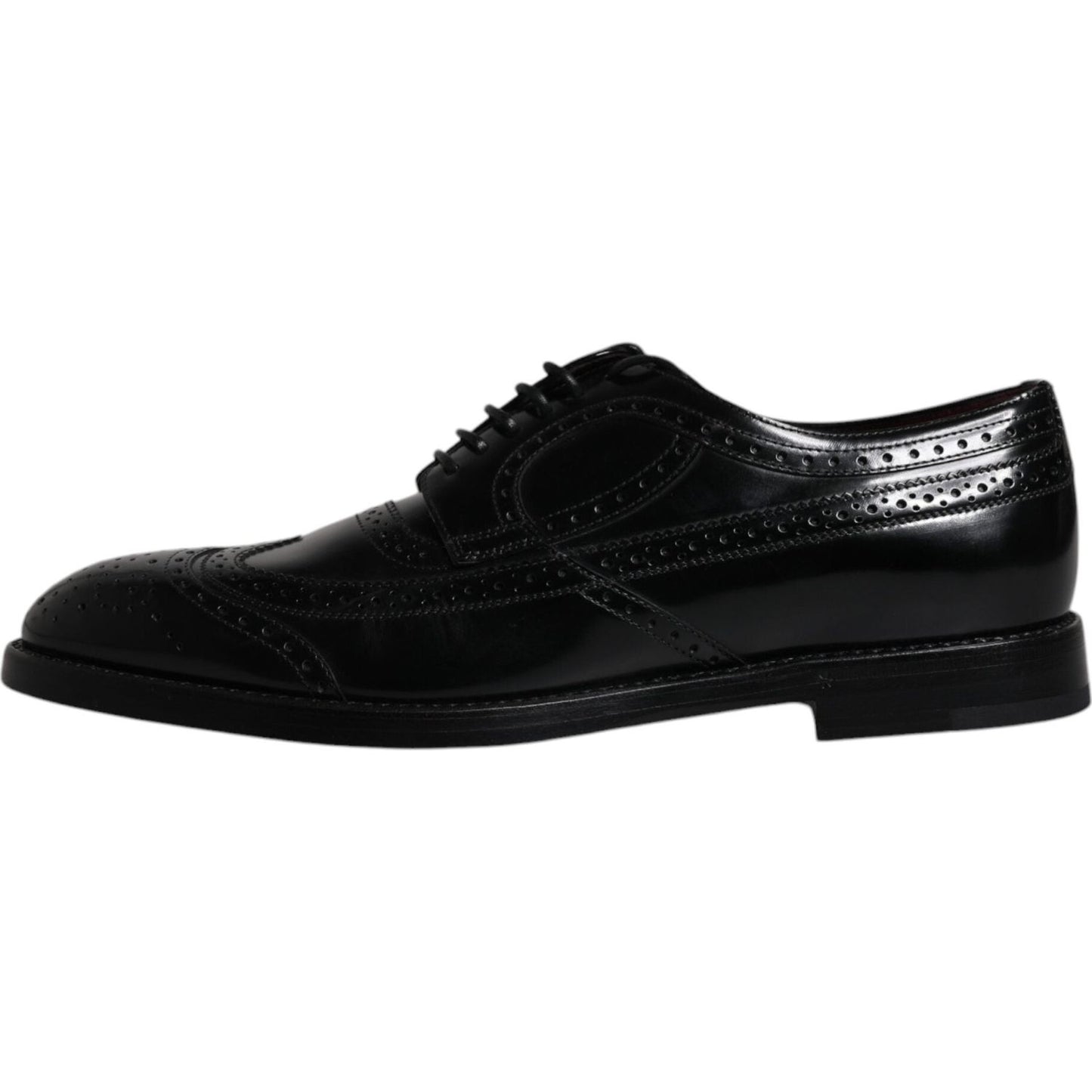 Dolce & Gabbana black leather derby wingtip formal shoes, 100% calfskin, elegant lace-up design, made in Italy, high craftsmanship.