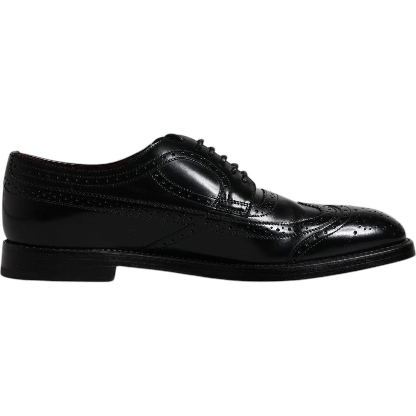 Dolce & Gabbana black leather derby wingtip formal shoes, 100% calfskin, lace-up, made in Italy. Luxury fashion footwear for men.