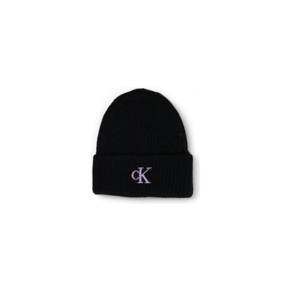 Calvin Klein purple acrylic beanie hat with ribbed design and 'CK' embroidery for women, winter accessory.