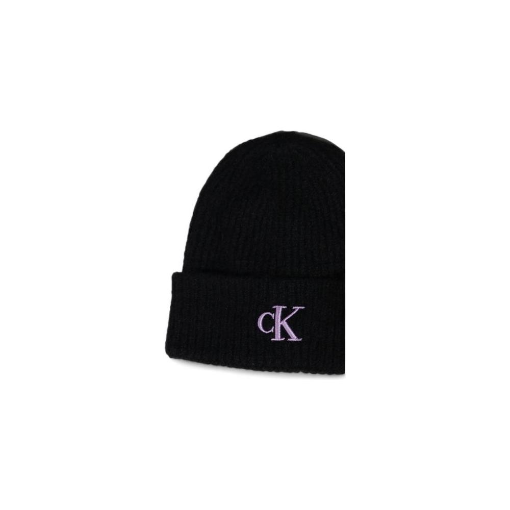 Calvin Klein purple acrylic beanie with logo embroidery, stylish winter hat made of acrylic, polyamide, cotton, and wool blend.