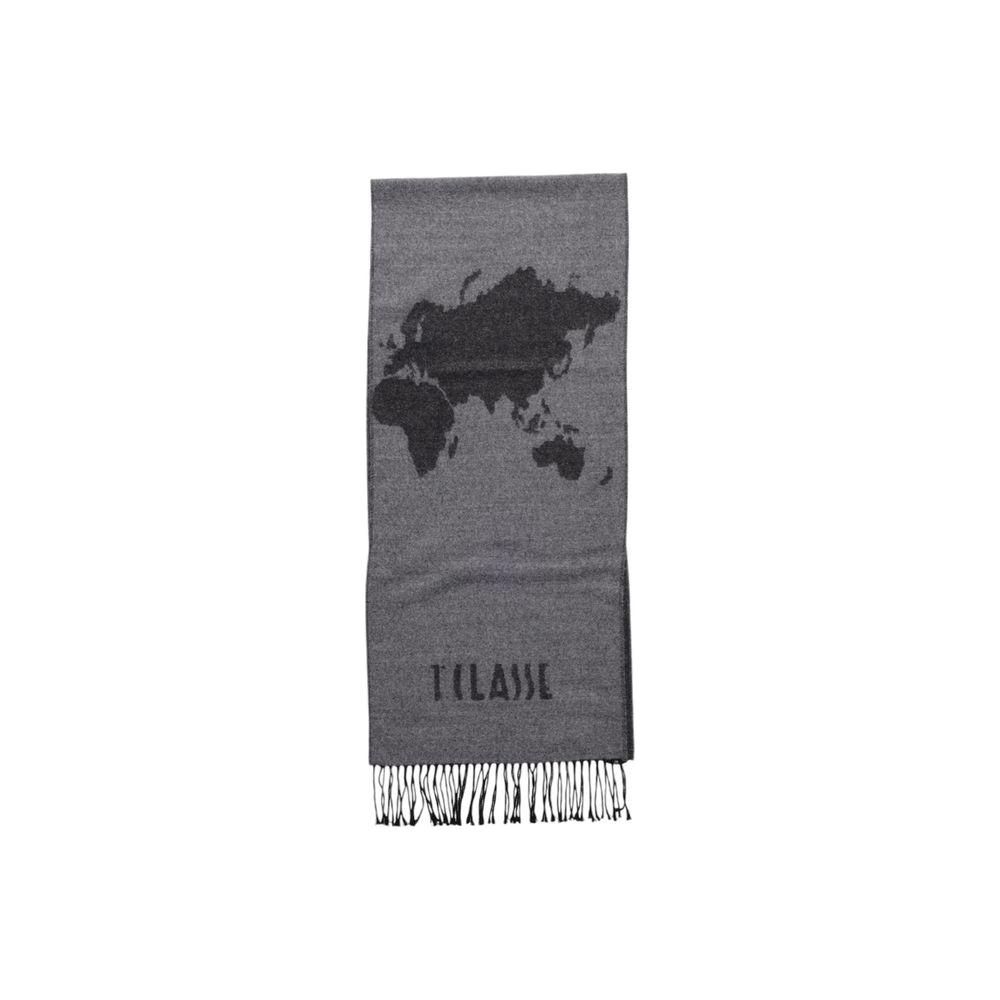 Alviero Martini Prima Classe gray polyacrylic scarf featuring world map design, ideal for women's fall/winter collection.