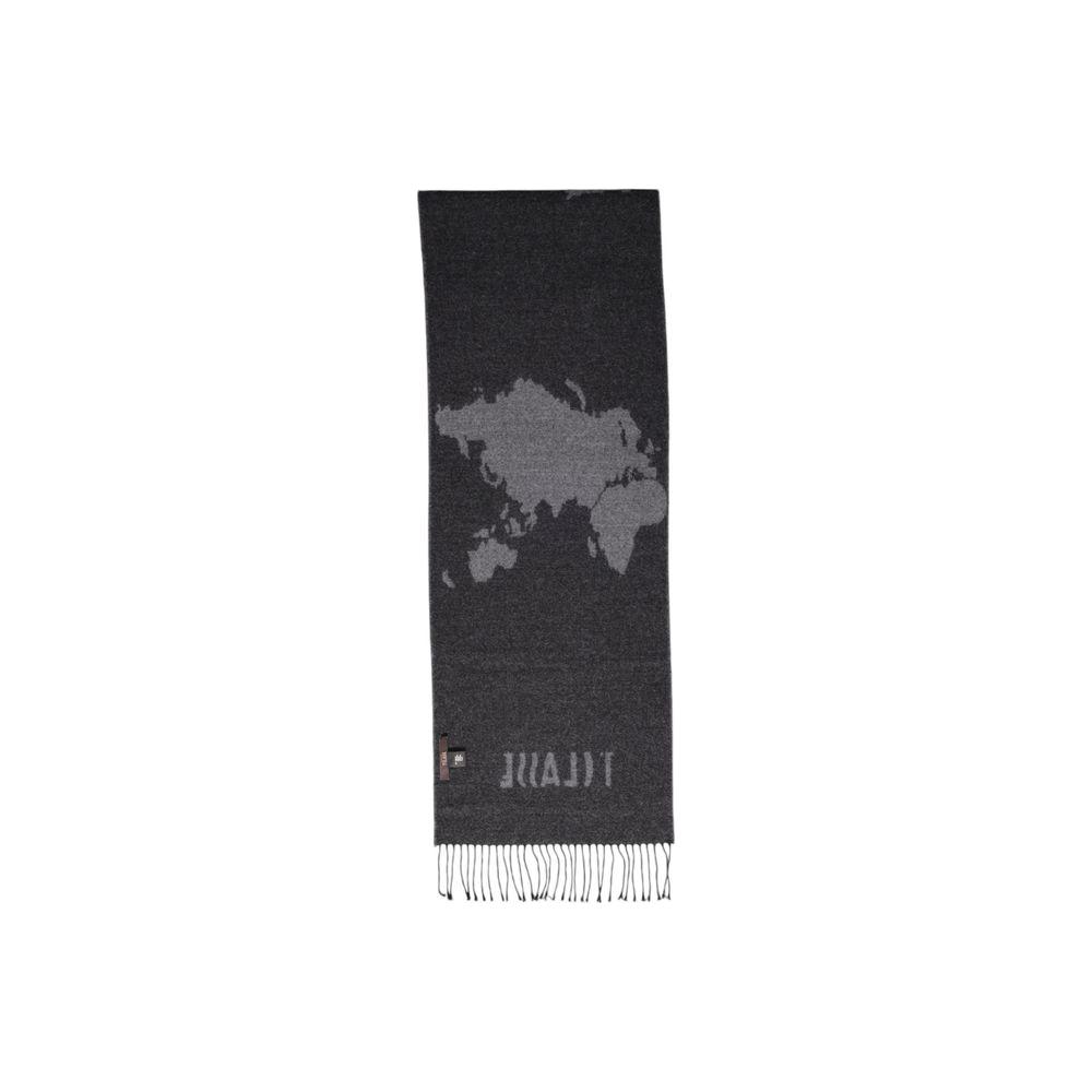 Alviero Martini Prima Classe gray polyacrylic scarf with world map design, fall/winter women's collection.