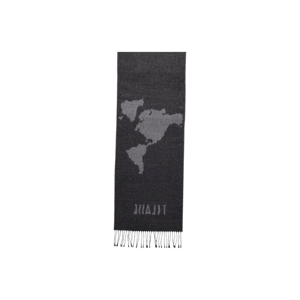 Alviero Martini Prima Classe gray polyacrylic scarf featuring world map design, ideal for fall/winter women's fashion.