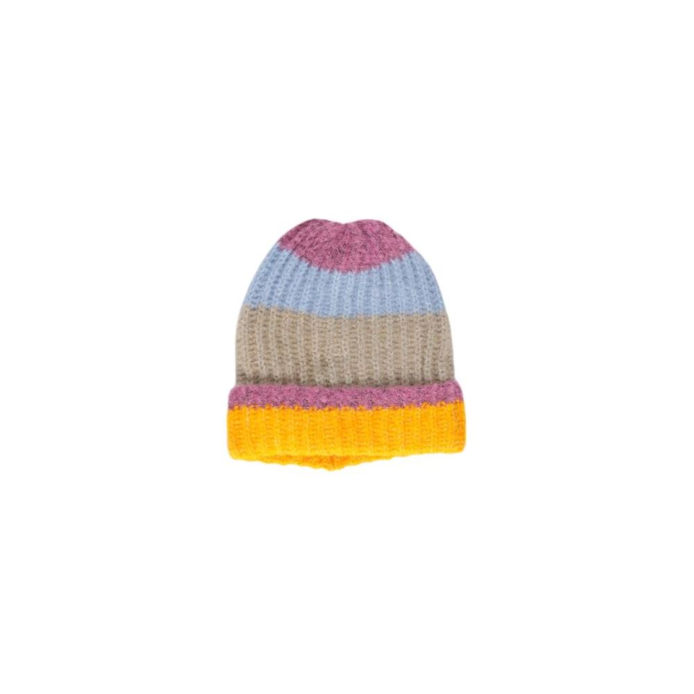 Colorful striped acrylic beanie for women with yellow, blue, beige, and pink sections, perfect stylish winter accessory.