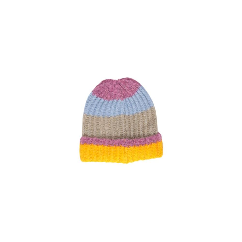 Pieces Yellow Acrylic Hat with multicolored stripes, trendy beanie for women, made of high-quality materials, perfect for cold days or city wear.