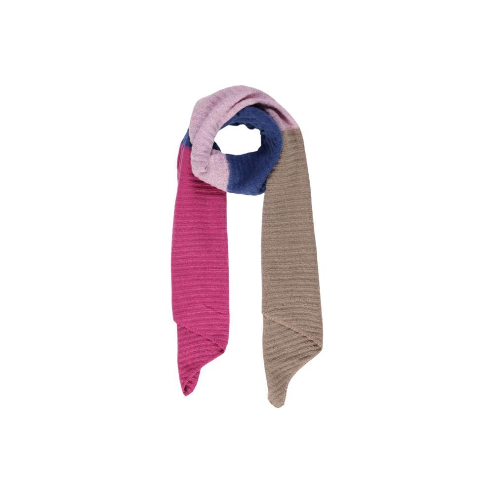 Colorful long scarf with shades of pink, blue, and beige made from recycled polyester blend, perfect for stylish winter outfits.