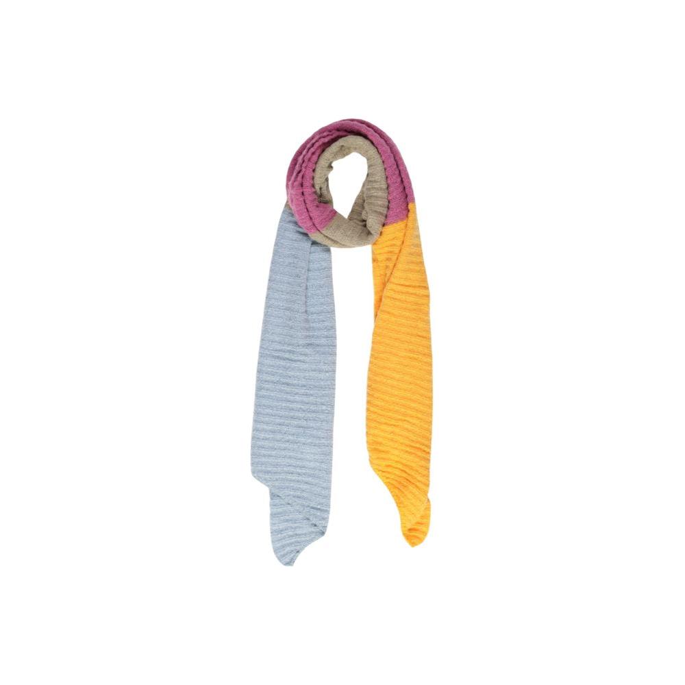 Colorful long scarf with yellow, blue, purple sections made from recycled polyester, acrylic, nylon, and elastane, perfect for cool weather.