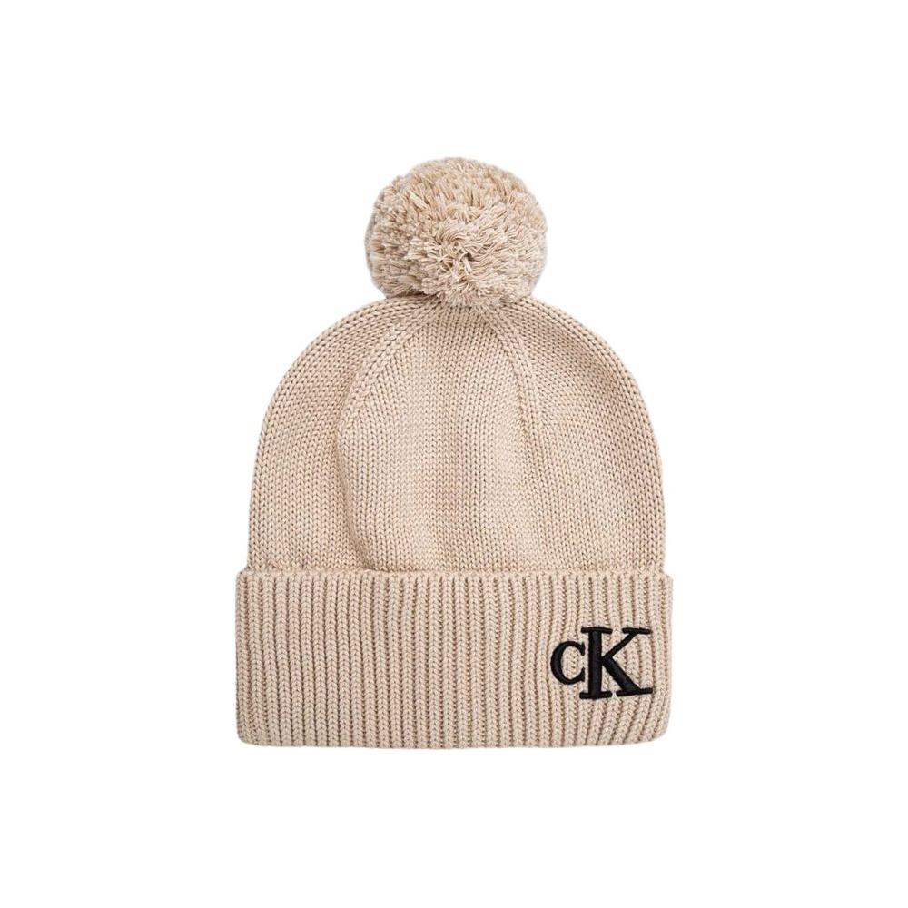 Calvin Klein beige cotton beanie with pom pom and embroidered cK logo, winter fashion accessory