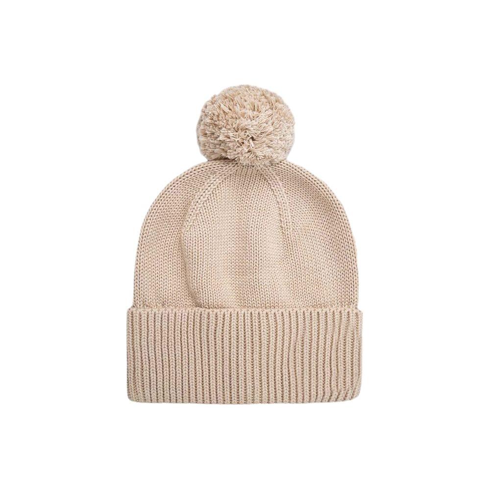 Calvin Klein beige cotton beanie with pom pom and embroidered 'cK' logo, perfect winter accessory for warmth and style.