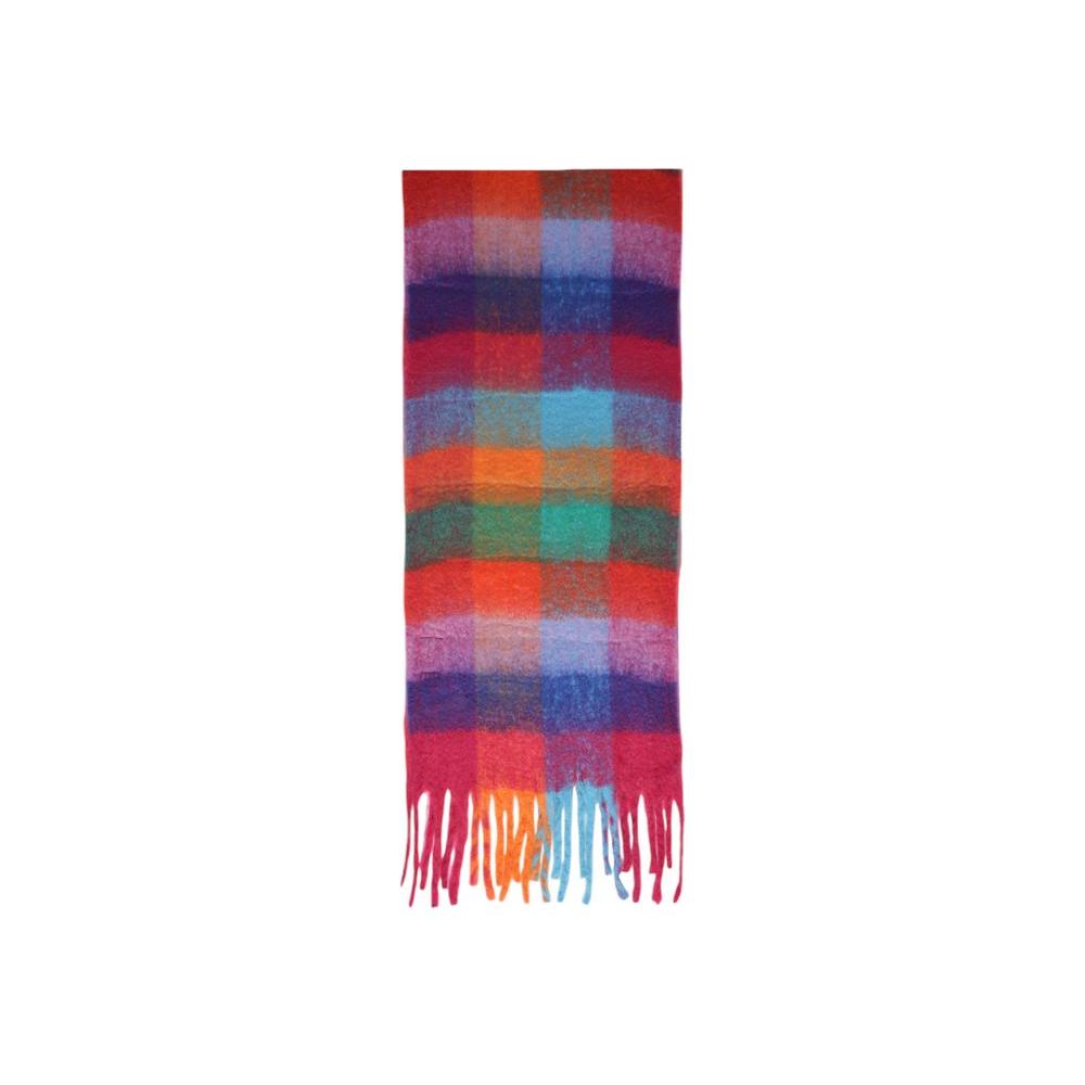 Colorful checkered scarf with fringed ends, made from 100% recycled polyester, by Pieces. Eco-friendly accessory for warmth and style.