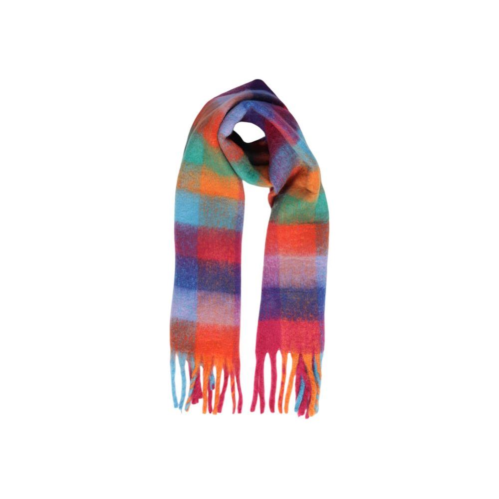 Multicolored recycled polyester scarf with fringe detailing, perfect for adding style and warmth, made from eco-friendly materials.