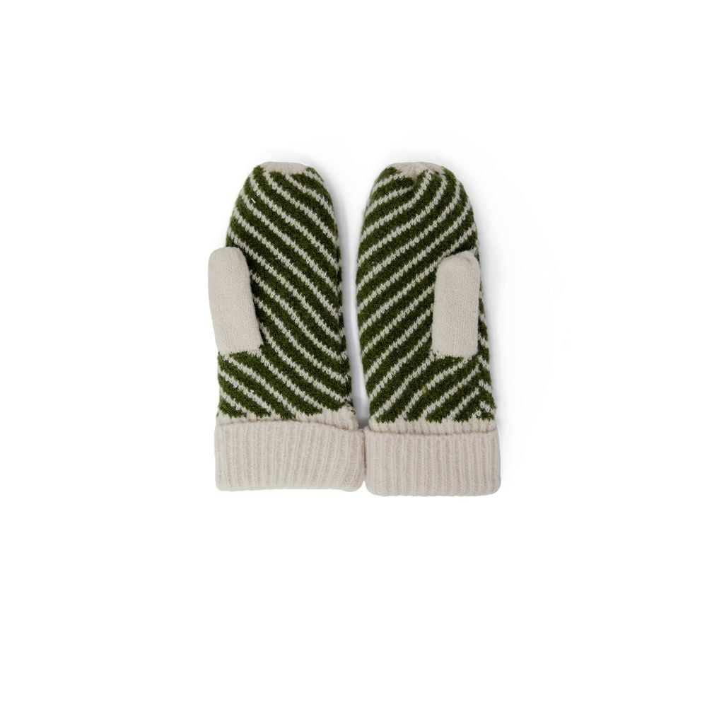 Stylish green and cream striped polyester mittens with snug fit, perfect for winter fashion and comfort.