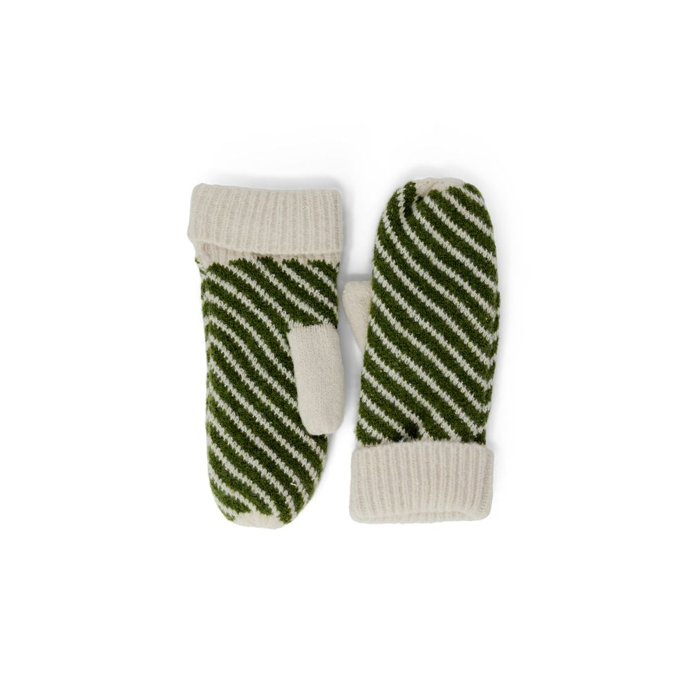 Cream and green striped polyester knit mittens, perfect for cold weather, featuring a snug fit and stylish design.
