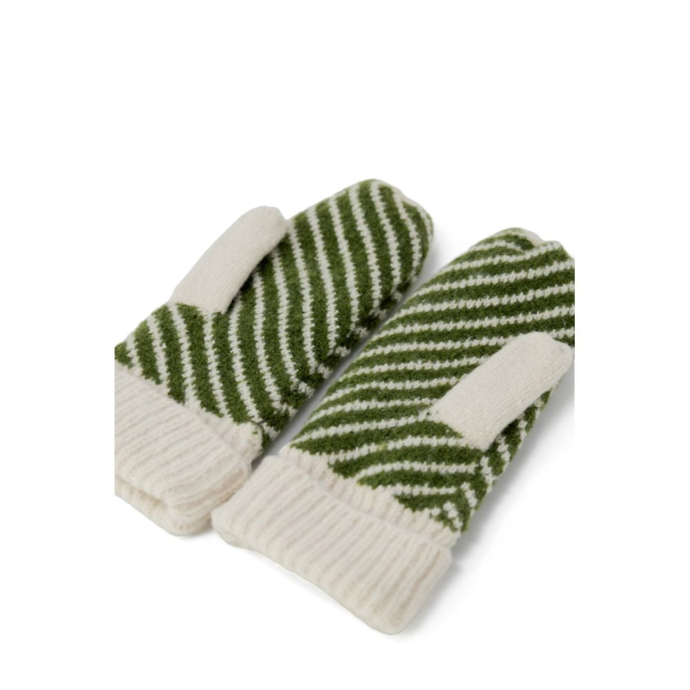 Green and white striped polyester knit mittens with ribbed cuffs, perfect for cold weather.