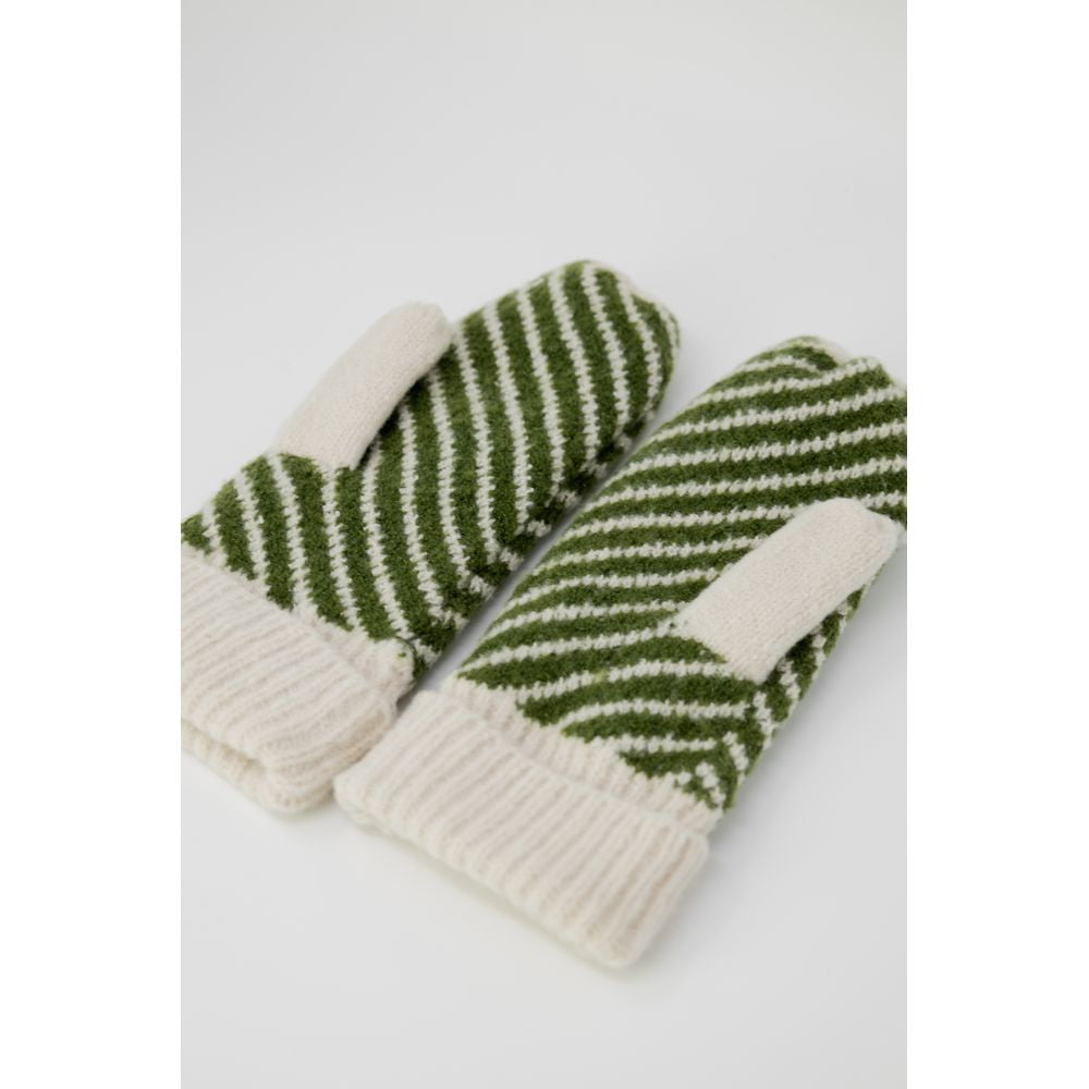 Striped green and cream knit mittens made of polyester and elastane, perfect for stylish winter wear and cozy city walks.