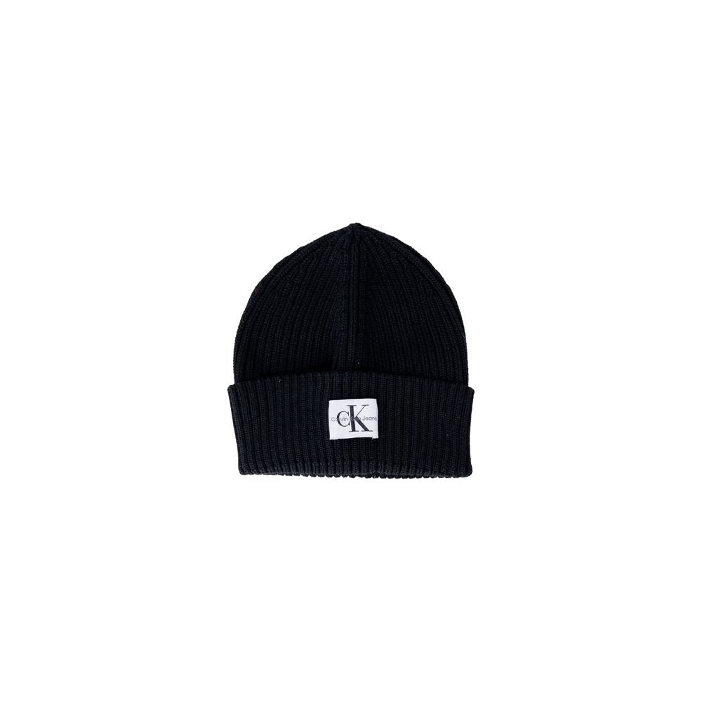 Calvin Klein Jeans black wool beanie with ribbed design and monogram logo, perfect for warmth and style in cold weather.