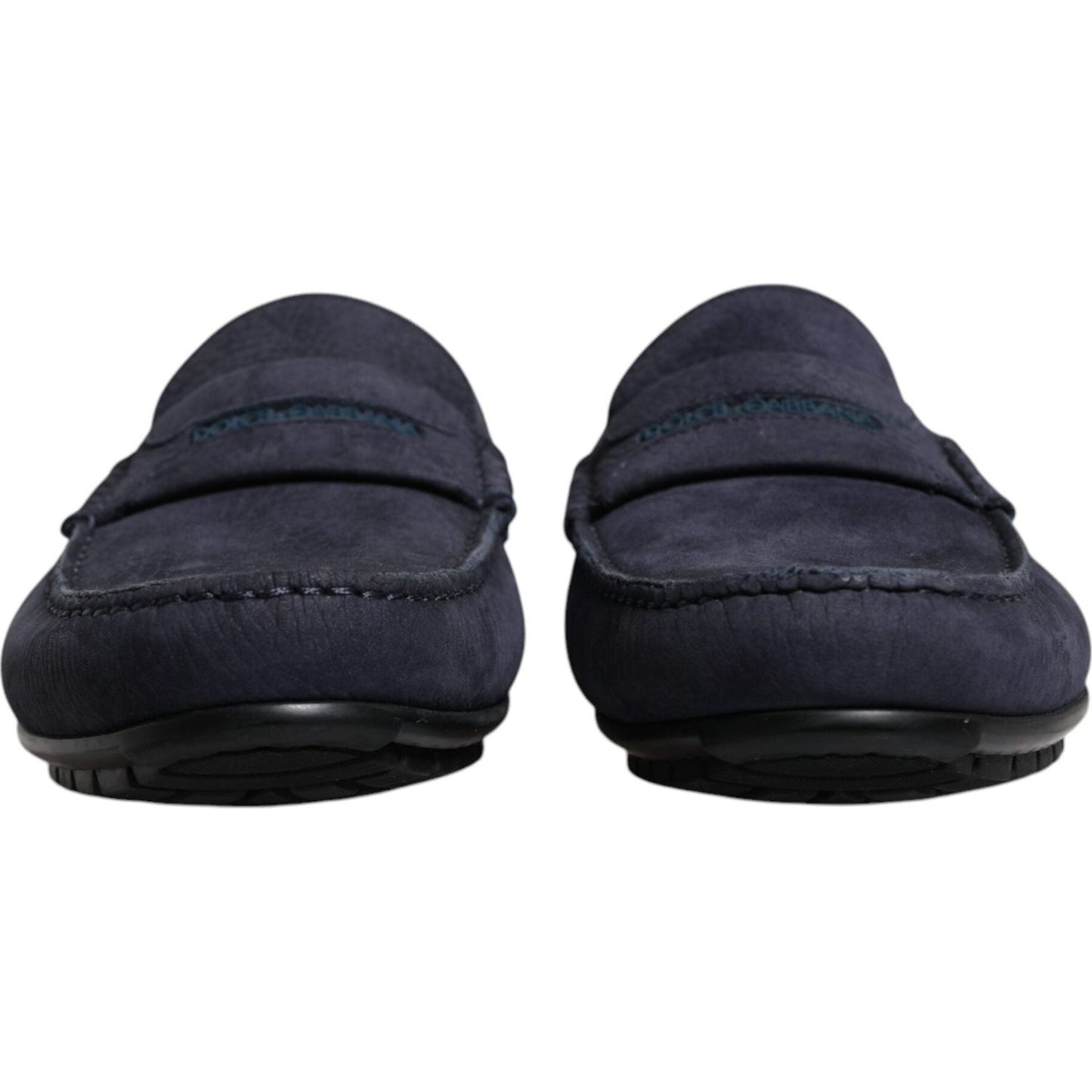 Dolce & Gabbana blue calf leather men's moccasin shoes, front view, with rubber sole and logo details, made in Italy.