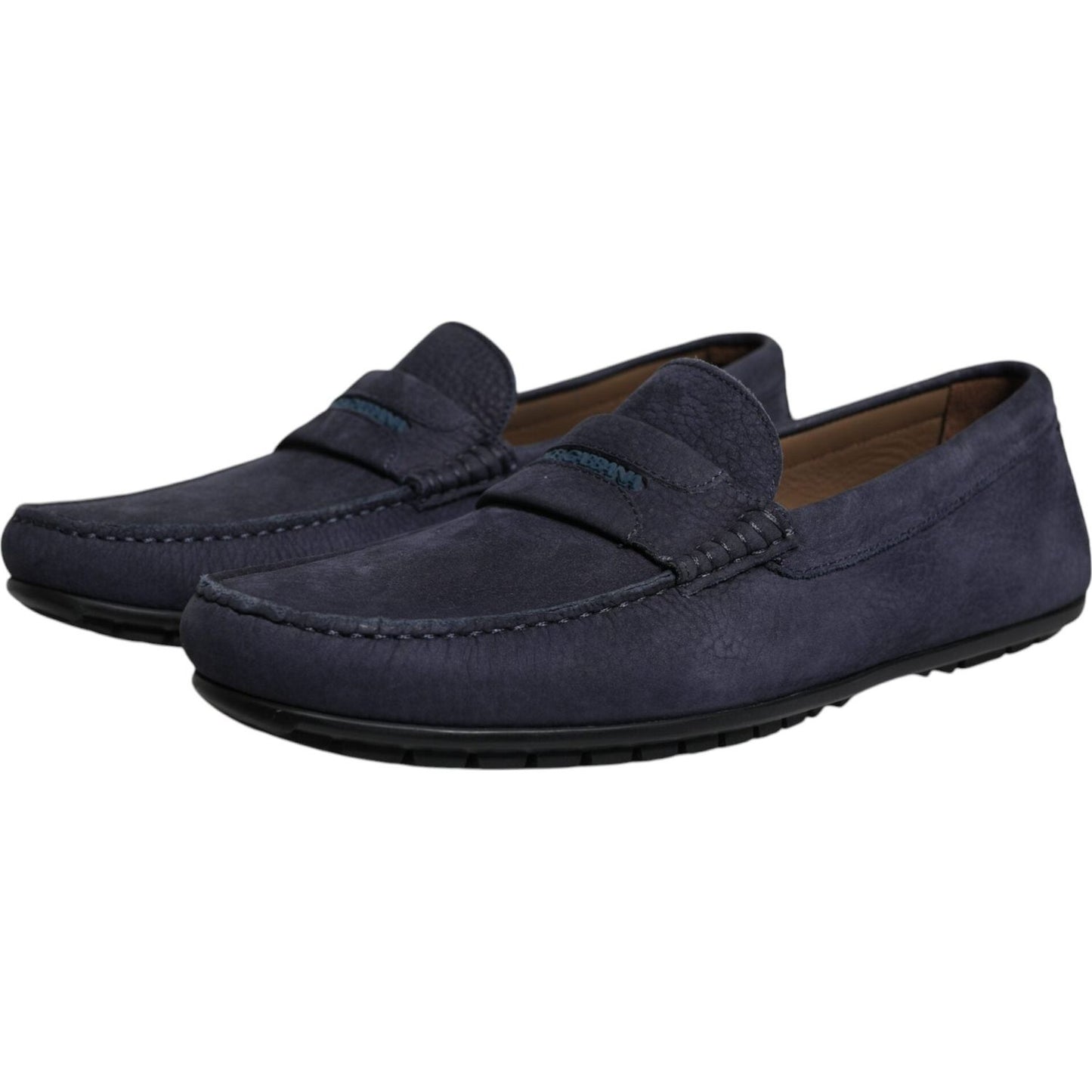 Dolce & Gabbana blue calf leather slip-on men's moccasin shoes with logo detail and rubber sole, made in Italy.