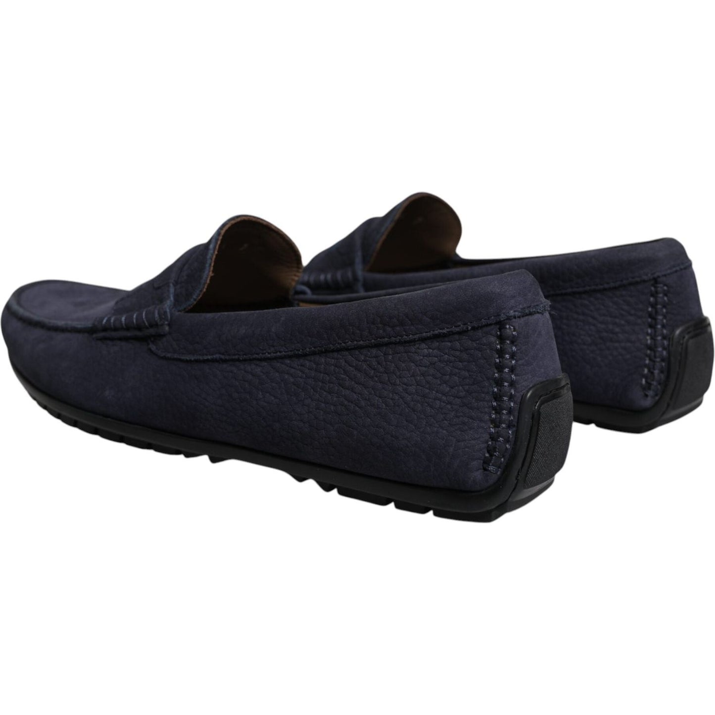 Dolce & Gabbana blue calf leather slip-on moccasin shoes for men, featuring rubber sole and logo details, made in Italy.